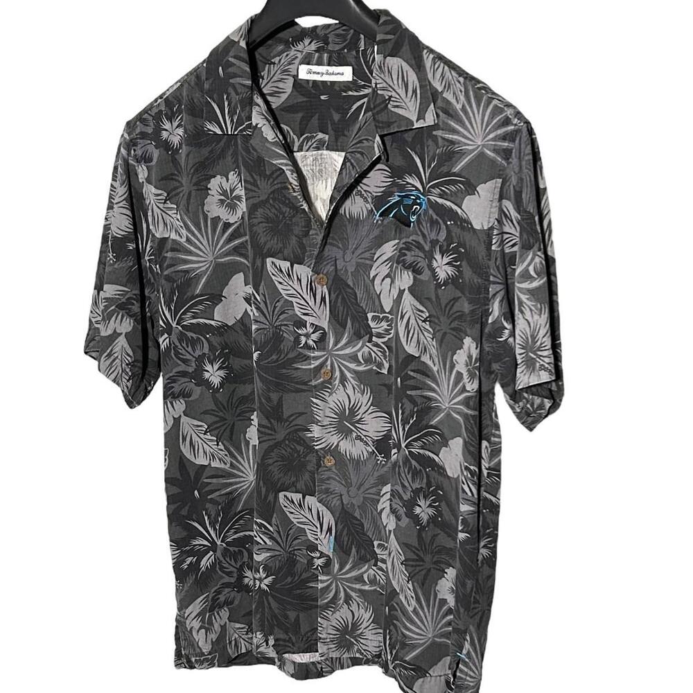 TOMMY BAHAMA Carolina Panthers Mens (M) Gray Black 100% Silk Hawaiian S/S Shirt